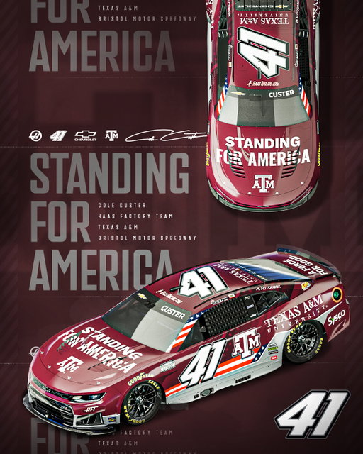 Standing together for something bigger than ourselves. 🇺🇸

Teamwork. Leadership. Service. Purpose.

Texas A&M University and Haas Factory Team bring those shared values to Bristol with Cole Custer and the No. 41 Chevrolet. Standing for America. 👍

@tamu | #NASCAR | @colecuster | @itsbristolbaby