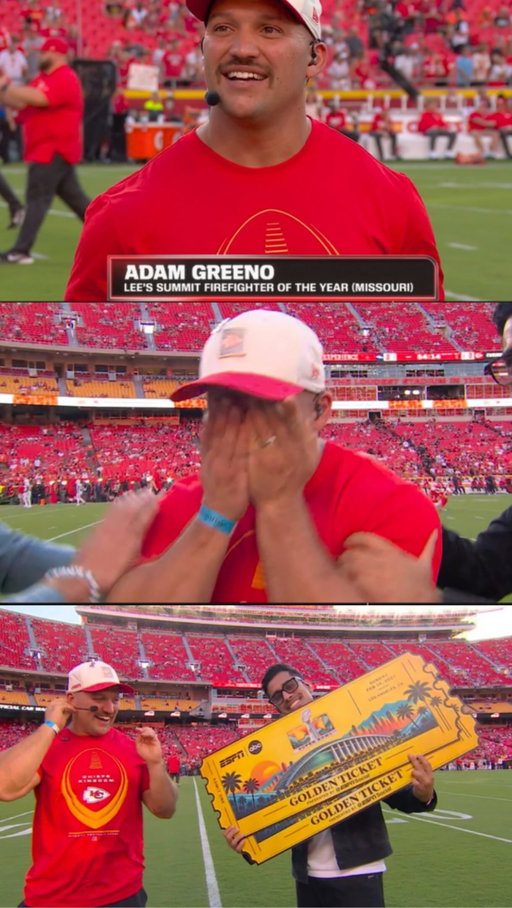 @Omar surprised this firefighter sitting in the upper section with pregame passes, Super Bowl tickets, a meet and greet with a Chiefs legend, and much more! 🙌