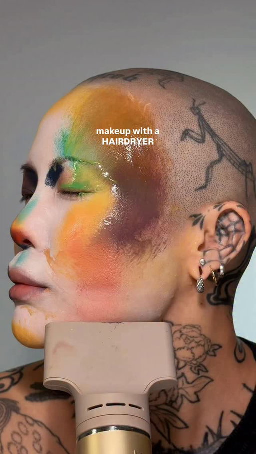 I don’t have hair anymore so might as well use the tools in a different way! 
•
@blendbunnycosmetics fauna palette 
@kryolanofficial aqua colour paints 
@sharkbeauty hairdryer 
@moodylenses_official 610 lenses
@danessamyricksbeauty clear gloss work (MEI15)
@maccosmetics night moth lip liner 
@mehronmakeup clown white face paint and setting powder
#creativemakeup #editorialmakeup #colorfulmakeup #avantgardemakeup #experimentalmakeup