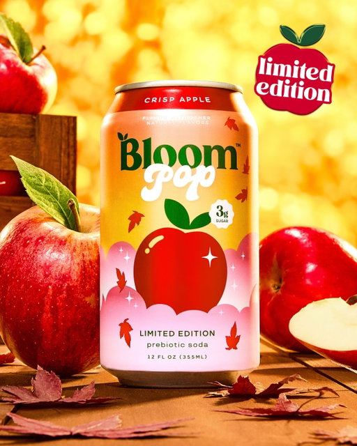 🍎CRISP APPLE POP JUST DROPPED!🍎
The Bloom flavor you can’t get enough of, now in a
better-for-you soda for a limited time!