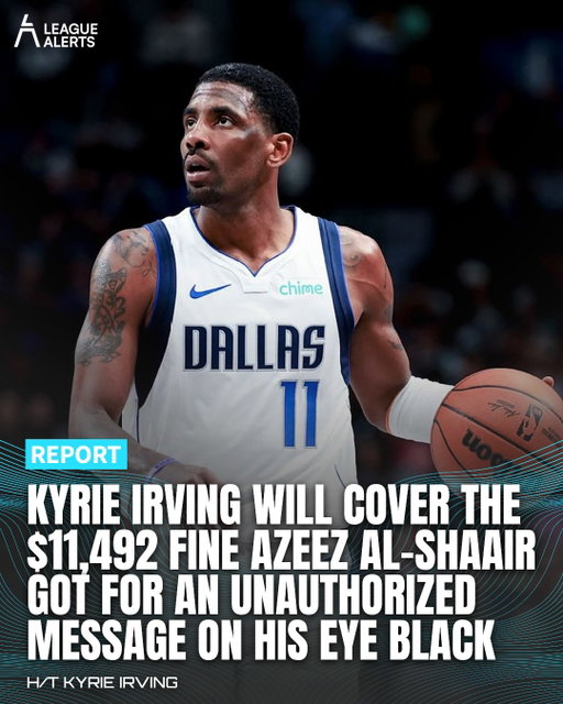 Kyrie Irving says he will cover the $11,492 fine Azeez Al-Shaair picked up in Week 1. The Texans linebacker wrote Hind Rajab across his eye black against the Bills, a reference to a five-year-old Palestinian girl k*lled in Gaza in 2024. NFL rules require any personal message to be approved in advance, and three other Texans were fined the same week for equipment violations.