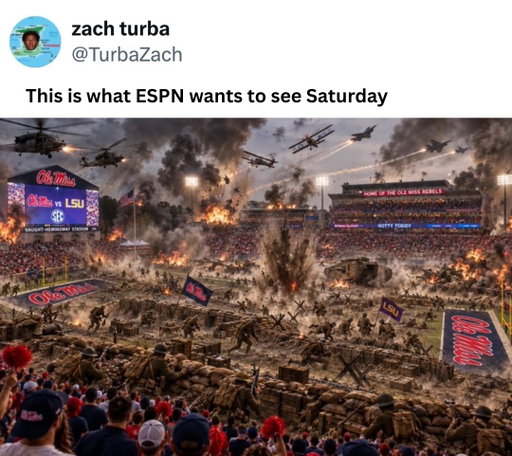 Saturday’s LSU–Ole Miss game already feels like the kind of matchup ESPN dreams about. No. 7 LSU travels to Oxford to face No. 8 Ole Miss in the first top-10 meeting between these rivals since 1962, with College GameDay returning to the Grove and the game getting the ABC Saturday Night Football spotlight.  But the rankings almost feel secondary to the storyline: Lane Kiffin is returning to Vaught-Hemingway for the first time as LSU’s head coach after leaving Ole Miss following the 2025 season, while his former defensive coordinator Pete Golding now leads the Rebels. The atmosphere is expected to be so intense that Ole Miss is bringing in additional security and mounted patrols for the weekend.  Add in a rivalry that dates back to 1894, Ole Miss beating LSU 24–19 in this same stadium last season, and two undefeated teams opening SEC play, and you can understand the joke behind this picture. ESPN obviously isn’t hoping for an actual war, but in terms of chaos, hostility, emotion and drama, Saturday night in Oxford has just about everything television could ask for. 

#cfb #college #football #lsu #olemiss