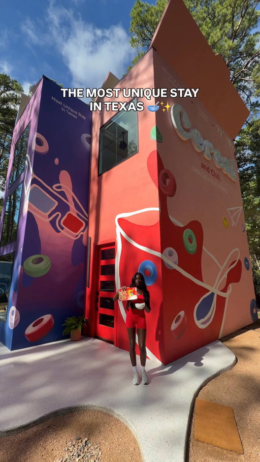 You can actually spend the night inside a giant cereal box in Texas 🥣✨ @cerealstays 

This is DEFINITELY one of the most unique stays in Texas! You can rent this on @airbnb ⭐️ The entire property is cereal-themed, starting before you even step inside. There’s a giant cereal bowl hammock, a milk carton sauna, a spilled-milk-inspired patio, outdoor games, and so many fun details throughout the property! 

And this is only the OUTSIDE… wait until you see inside 🥣✨👀

Who are you bringing for a cereal box getaway? 😂

#texastravel #100thingsindallas #thingstodoindallas #uniquestays #texasgetaway