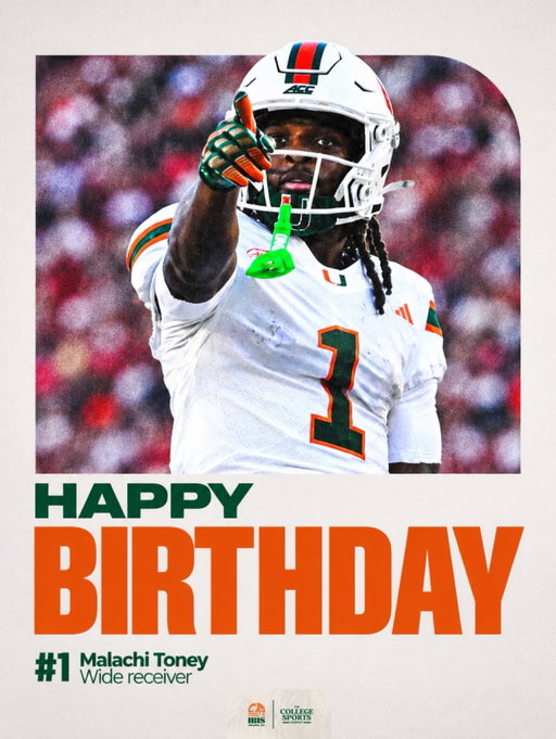 Join us in wishing wide receiver @malitoney10 a very happy 19th birthday! 🥳🙌

Happy Birthday, Malachi! 🎉

•
•
•
•
#ItsAllAboutTheU #Canes🙌 #MiamiHurricanes #TheU #miami