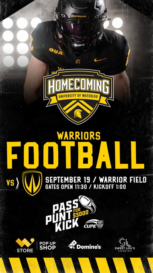 let’s compare calendars … what are your hoco plans ??

🎟️ Head over to gowarriorsgo.ca/tickets to secure your tickets to the Warriors Homecoming Football game THIS SATURDAY at 1pm on the Warrior Field !! (link in bio) 

⚡️UW students receive free admission by presenting a valid WatCard 

📦 Don’t forget to pick up your $15 student package at the Warriors Promo Tent during the Parking Lot Party between 11:30am and 1pm to enjoy various goodies including:
-1 large @dominos_waterloo pizza coupon
-1 @sweetlouscookies coupon
-1 Grad House coupon
-Hoco t-shirt 
-Wusa swag
-Drink koozie
-Alumni magnet

We’ll see you there ‼️

#GoBlackGoGold
