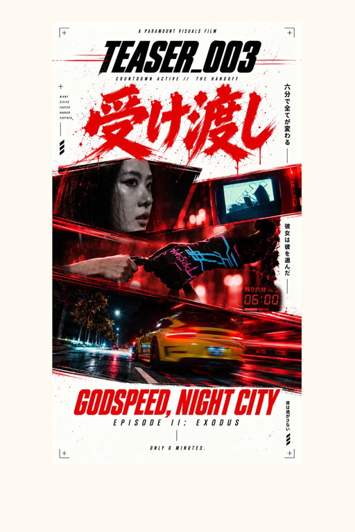 A @paramount_visuals FILM.

TRANSMISSION_004 // 6 MINUTES.
GODSPEED, NIGHT CITY
EPISODE II: EXODUS
He only has 6 minutes.

Produced by
@paramount_visuals
@porschekultur
@rokform
@meguiars
@wearpvx

In partnership with
@rokform
@porschekultur
@eric.choi0811
@roninprojects
@janetdoan_
@dreamellyz
@evanwu
@rnnrmedia

Short film series Soundtracks by
@slanksprod
@nyukyung253

Our Friends
@carbontastic
@forged.club
@thypoch_official
@opusinnovations
@theprismalab
@getnrg
@dasai.co
@topdawgswear

Godspeed Night City Episode 2 coming out October 15!