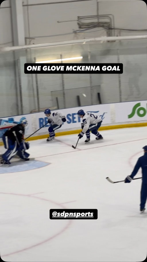 McKenna scores after losing his glove in a battle drill with Knies