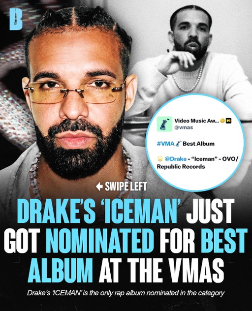 DRAKE’S ‘ICEMAN’ IS THE ONLY RAP ALBUM NOMINATED FOR “BEST ALBUM” AT THE 2026 VMAS 🏆🧊

It is up against:

💿 Madonna – ‘Confessions II’
💿 Olivia Dean – ‘The Art of Loving’
💿 Olivia Rodrigo – ‘you seem pretty sad for a girl so in love’
💿 Sabrina Carpenter – ‘Man’s Best Friend’
💿 Taylor Swift – ‘The Life of a Showgirl’

The VMAs take place on Sunday, September 27 at the Peacock Theater in Los Angeles

Who do you think is going to win Best Album?

📸: @cindyyjo