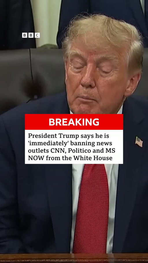 US President Donald Trump has announced that he is "immediately" banning CNN, MS NOW and Politico from the White House.
 
In a lengthy post on Truth Social on Friday, Trump said that the outlets "constantly write or report fiction or lies" about his administration, although he provided no examples.
 
It is unclear what exactly a ban would entail, and whether employees of those outlets would be prevented from entering the White House grounds.
 
The move is likely to be met with legal challenges from the outlets involved and press freedom organisations.
 
Tap the link in @BBCNews’s bio to learn more.
 
#BBCNews