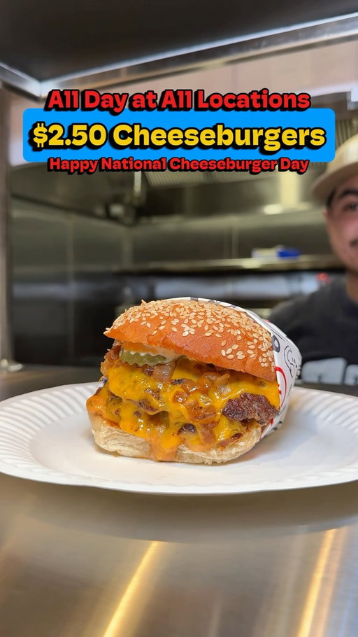 Making the best cheeseburgers since 1946. Enjoy a fresh, never frozen, cheeseburger starting at $2.50! Celebrate an American Classic at The All American Burger Stand. 

📆 Friday, September 18th
⏰ ALL DAY at ALL locations 
🍔 $2.50 Cheeseburgers(1 per person)

🍔 Happy National Cheeseburger Day 🍔