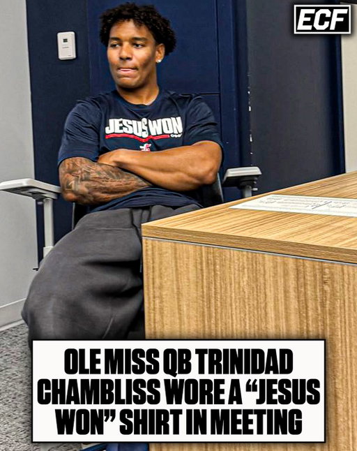 Ole Miss QB Trinidad Chambliss wore a “Jesus Won” shirt in his meeting with Holly Rowe ahead of the LSU game 🔥

Super awesome when College Athletes showcase their faith for Jesus ❤️
