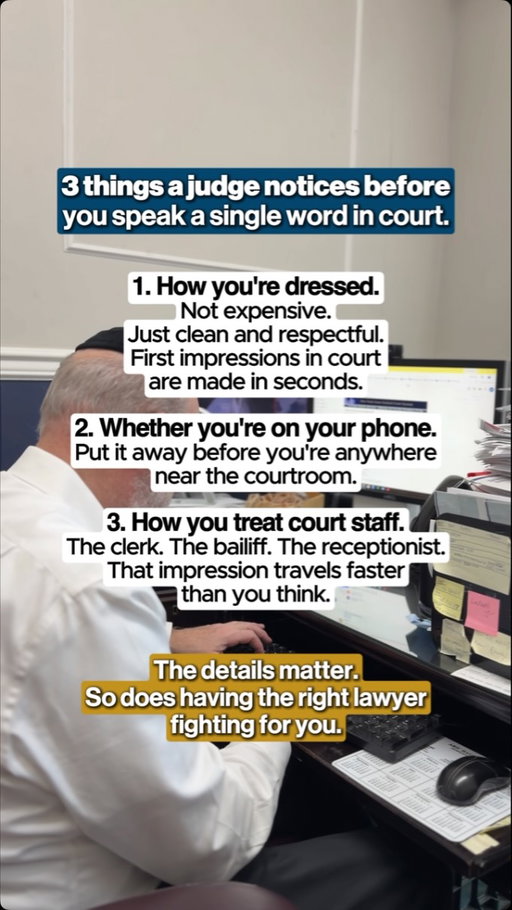 Courtroom credibility in a personal injury case starts before your attorney says a word, and 3 things get read before anything else.

How you are dressed signals whether you take the proceeding seriously. Clean, respectful attire is not optional; it is the baseline. Whether you are on your phone tells a judge everything about your awareness and respect for the room. Put it away before you get near the courtroom, not just inside it. And how you treat court staff (clerks, bailiffs, receptionists) travels. Those impressions move fast in a courthouse where everyone knows everyone.

Details decide cases. So does having the right lawyer in your corner from day one.

We handle car accidents, slip and falls, workplace injuries, premises liability, and personal injury cases across all 5 boroughs of New York City.

Comment CASE below for a free consultation.