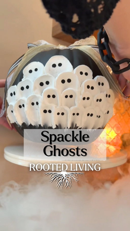 I’ve had a bunch of white pumpkins, and I decided to spray-paint them black to give them a new look for another season. For this one, I added a few ghost faces using lightweight spackle. 

It was such a simple makeover and a great way to reuse something I already had instead of buying new. Nothing that a little spray paint and imagination can’t fix! #pumpkin #ghost #halloween #craft #kids