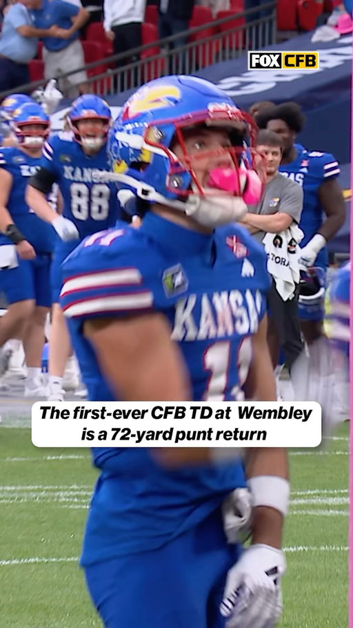 A PERFECT punt-return TD for Tate Nagy and @kufootball 🇬🇧

The son of Matt Nagy takes it to the house for the first-ever FBS TD in London during the Big Noon Kickoff game.

Sponsored by @dickssportinggoods @adidas @adidasusfootball  #DICKS #adidas #BigNoonKickoff