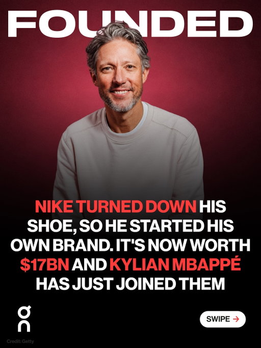 Nike rejected his shoe. Years later, his company was worth $19 billion, and Kylian Mbappé [@k.mbappe] joined them.

Olivier Bernhard was a Nike athlete with 3 world duathlon titles and 6 Ironman wins when he started chasing a better running shoe.

The first prototype? Pieces of garden hose glued to a sole.

Nike said no. Adidas said no. Puma said no.

So in 2010, Bernhard and two friends invested $150,000 each and built ON [@on] from scratch.

That strange prototype became CloudTec.

Then Roger Federer discovered the shoes himself, invested roughly $50 million, and became a co-designer.

By 2021, On listed in New York at $7.3 billion. Revenue later climbed toward $2 billion.

Now Kylian Mbappé has joined with equity, while Thierry Henry [thierryhenry] leads On’s new football division.

Sometimes the idea everyone rejects becomes the company they eventually have to compete with.