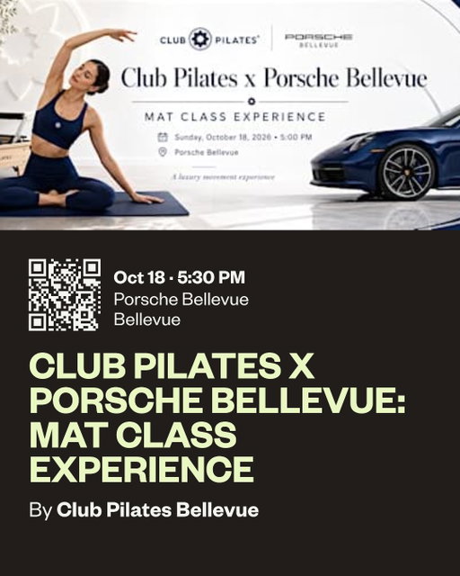 Porsche x Club Pilates is happening 🔥 We're teaming up for an exclusive mat class experience right inside our Porsche Bellevue showroom.

Spots are super limited for this one, so snag yours early!

📍 Where: Porsche Bellevue
⏰ When: Sunday, Oct 18 at 5:30 PM

How to claim your spot:
• Screenshot this post & hold the QR code in your camera roll
• If it says "Sold Out", click Get Tickets 
• Enter promo code porsche to unlock access

See you on the mat! 🧘‍♀️💫🏎️

#PorschexPilates #PorscheBellevue #Porsche