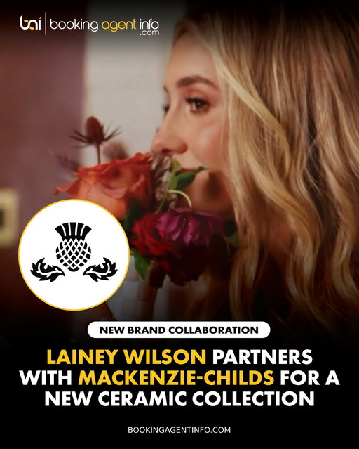 Lainey Wilson (@laineywilson) has teamed up with home decor brand MacKenzie-Childs (@mackenziechilds) to launch an exclusive, limited-edition ceramic collection.

The collection debuts with the Made in Aurora line, taking inspiration from one of the most recognizable symbols in Wilson's signature aesthetic, the iconic cowgirl boot.

The artistic ad spot takes fans behind the scenes to showcase the intricate production process behind the ceramic boots, highlighting the expert hand-painting and fine detailing applied to each piece. 

The spot concludes with Wilson proudly holding a black-and-white patterned ceramic boot filled with a fresh floral arrangement, gently smiling as she smells the flowers.

The high-profile collaboration lands during another record-breaking 2026 stretch for the Grammy winner. Fresh off earning three nominations for the 60th Annual CMA Awards, Wilson is set to make history as she returns to the stage to host the prestigious awards broadcast for her second consecutive year.

Create a free account at BookingAgentInfo.com to be the first to know about new music brand partnerships.

Follow @bookingagentinfo_ for more.