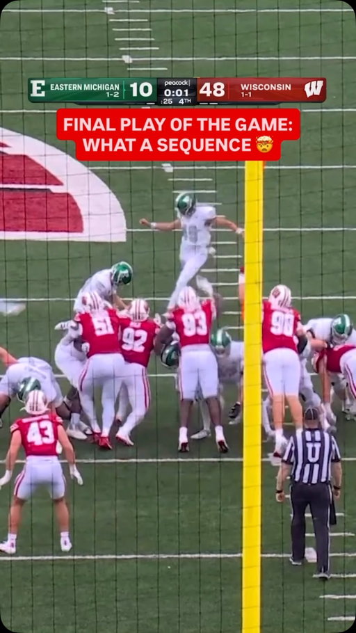PLOT TWIST. 👀 Eastern Michigan’s field goal attempt with two seconds remaining is BLOCKED & scooped up for the Badgers SCORE!

📺 Big Ten Football: Eastern Michigan at Wisconsin on Peacock & NBCSN