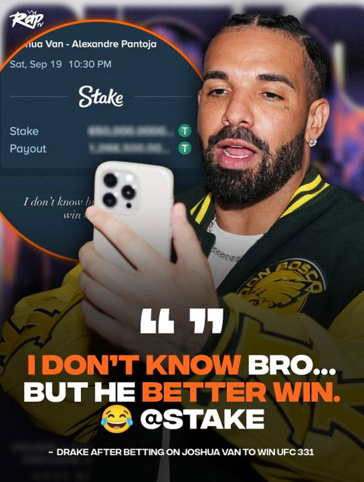 #Drake bet $650k on UFC fighter Joshua Van, who he’s never heard of 😂

No pressure 😅

Y’all think bro is cooked⁉️

#StakePartner