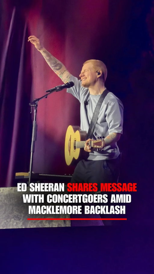 "I want my music and shows to be about unity, not division; about humanity, not politics."

An emotional Ed Sheeran addresses fans at his first show since the fallout over Macklemore's removal from his tour, apologizing as he takes the stage in Philadelphia.

Outside the stadium, pro-Palestinian protesters wave flags and chant "Free Palestine" as the controversy follows Sheeran to his next stop.