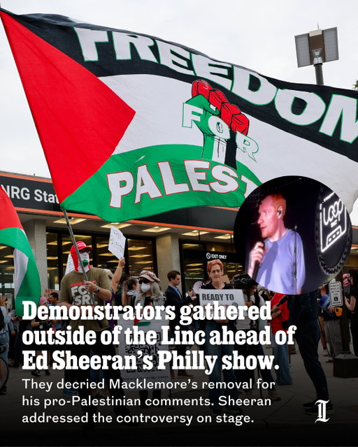 At his first concert since controversy roiled his North American tour, Ed Sheeran said in front of a crowd inside Philly's Lincoln Financial Field that he is “deeply worried” by venues influencing performances after opener Macklemore was fired from the concert lineup for making pro-Palestinian remarks on stage.⁠
⁠
Throughout a more than two-minute speech, Sheeran, who has been an apolitical pop figure, acknowledged the Hamas-led attacks on Israel on Oct. 7, 2023, saying it was “horrific and compounded centuries of Jewish pain.” He also said what’s happening in Gaza is “catastrophic and unjustifiable and disproportionate” and that the “systemic injustice we’re seeing unfold in the West Bank cannot be overlooked.”⁠
⁠
Click the link in our bio for more on Sheeran's remarks and about the protesters that gathered outside ahead of the show.⁠
⁠
📝 by Maggie Prosser, Jess Rohan, and Earl Hopkins / Staff⁠
📸 by Elizabeth Robertson and Earl Hopkins / Staff