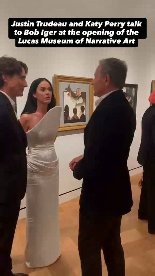 Justin Trudeau and Katy Perry talk to Bob Iger at the opening of the Lucas Museum of Narrative Art (Video: Nellie Andreeva/Deadline)