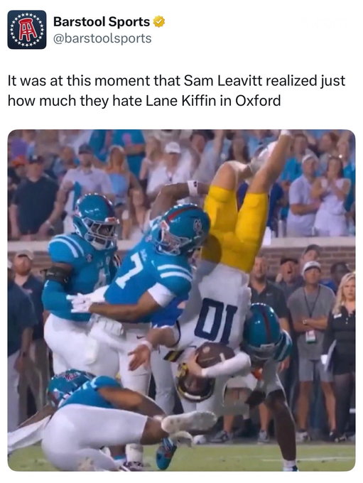 Last night, LSU quarterback Sam Leavitt got a brutal introduction to just how hostile Lane Kiffin’s return to Oxford was going to be. With No. 7 LSU trailing No. 8 Ole Miss 24-7 in the third quarter, Leavitt scrambled straight up the middle for 10 yards before multiple Rebels defenders converged on him and literally flipped him upside down, sending him crashing to the turf near the 4-yard line.  The atmosphere was already insane because this was Kiffin’s first game back at Vaught-Hemingway Stadium since leaving Ole Miss for LSU after the 2025 season, a departure that had generated plenty of resentment among Rebels fans.  Somehow, Leavitt immediately bounced back from the hit and ran for a 4-yard touchdown on the very next play, helping LSU erase what had been a 17-point halftime deficit and eventually tie the game at 24. But Ole Miss ultimately had the last word, winning 32-24 in front of a stadium-record 70,033 fans, with Jaylon Braxton intercepting Leavitt in the end zone on LSU’s final fourth-and-goal attempt.

#cfb #college #football #olemiss #lsu