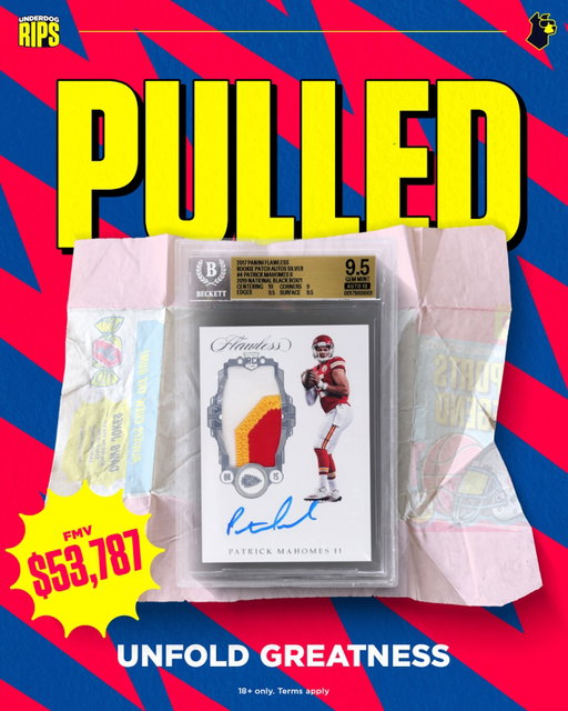 Biggest pull in Rips history 🙌

2017 Panini Flawless ‘19 Black Box Rookie Patch Autograph Silver Patrick Mahomes

Instantly sold back for $53,787.36