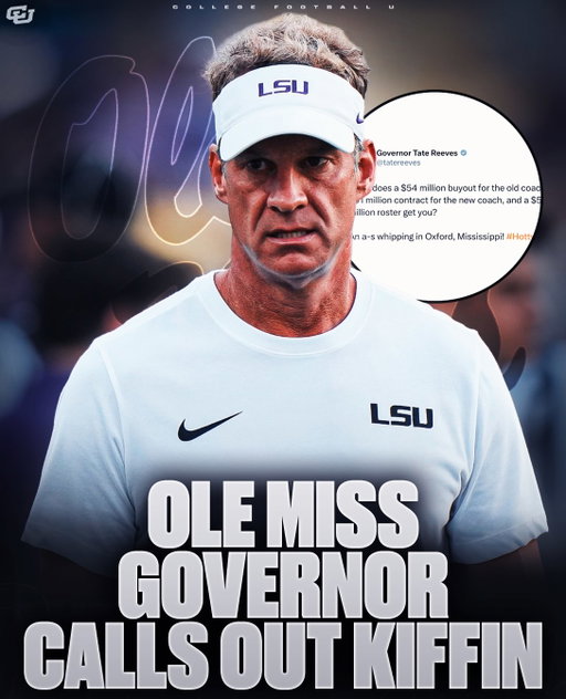 NEW: Mississippi Governor Tate Reeves had WORDS for Lane Kiffin after the game 📱😂

Ole Miss’ 32-24 win over LSU in Oxford came with plenty of trash talk afterward — and Mississippi Gov. Tate Reeves joined in.

Reeves took to X following the game, taking a shot at LSU’s massive investment in its football program.

“What does a $54 million buyout for the old coach, a $91 million contract for the new coach, and a $50 million roster get you?” Reeves wrote.

“An a-s whipping in Oxford, Mississippi!”

The $54 million figure references LSU’s reported buyout owed to Brian Kelly after his 2025 dismissal. The $91 million represents Lane Kiffin’s seven-year contract to become LSU’s head coach, while the $50 million figure refers to LSU’s reported investment in its roster through NIL.

And after Saturday night, Reeves clearly felt the numbers were worth pointing out.

It just means more 😂