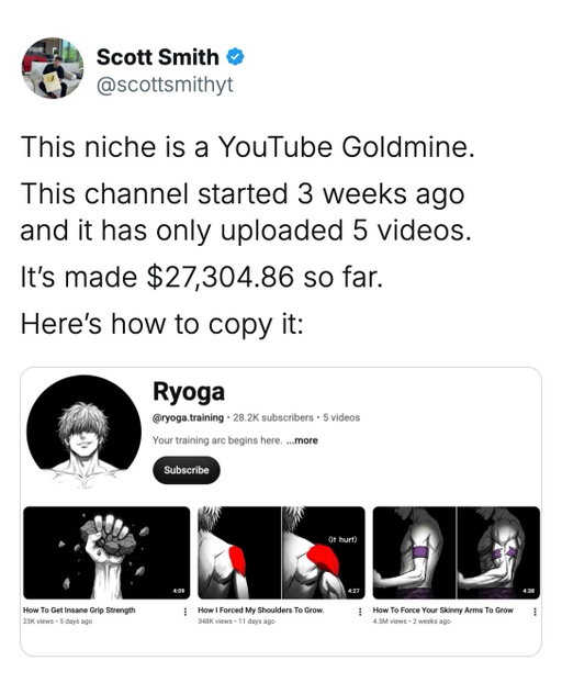 Most people look at a fitness channel like this and only think about AdSense.

The bigger opportunity is building useful content around real viewer questions, then pairing that content with a relevant affiliate offer once you have earned trust.

I would start by studying the videos that perform: the title, thumbnail, opening hook, structure, and the problem the viewer is trying to solve.

Then I would use Claude to turn those insights into original angles and titles, not copy another creator’s videos or make promises about body transformations.

When an affiliate product genuinely fits the audience, disclose the relationship clearly and only recommend offers you are comfortable standing behind.

My client Andre made more than $4,000 in net affiliate earnings over two months using this type of strategy.

Comment “YouTube” if you want help building a faceless channel, and I’ll send more information.

I’m helping 5 more people right now.

#FacelessYouTube #YouTubeAutomation #AffiliateMarketing #ClaudeAI #OnlineBusiness