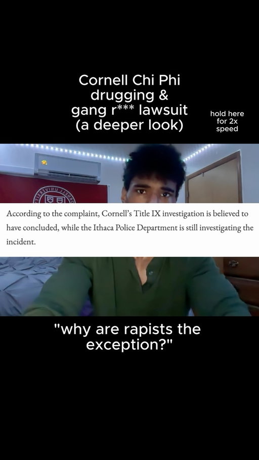 why come down harder on peaceful protesters than on men accused of gang rape?

7 defendants are named in a civil lawsuit alleging a Cornell student was drugged and sexually assaulted at Chi Phi in October 2024. These are allegations, not findings. The complaint alleges the defendants were offered the chance to mitigate their conduct by submitting essays. The plaintiff's lawyer claims two were expelled and others received suspensions, workshops or essays. The group chat shown is an exhibit filed with the complaint.

Sources: CBS NY (9/22), Cornell Daily Sun (9/18, 9/22), the complaint via the Sun.