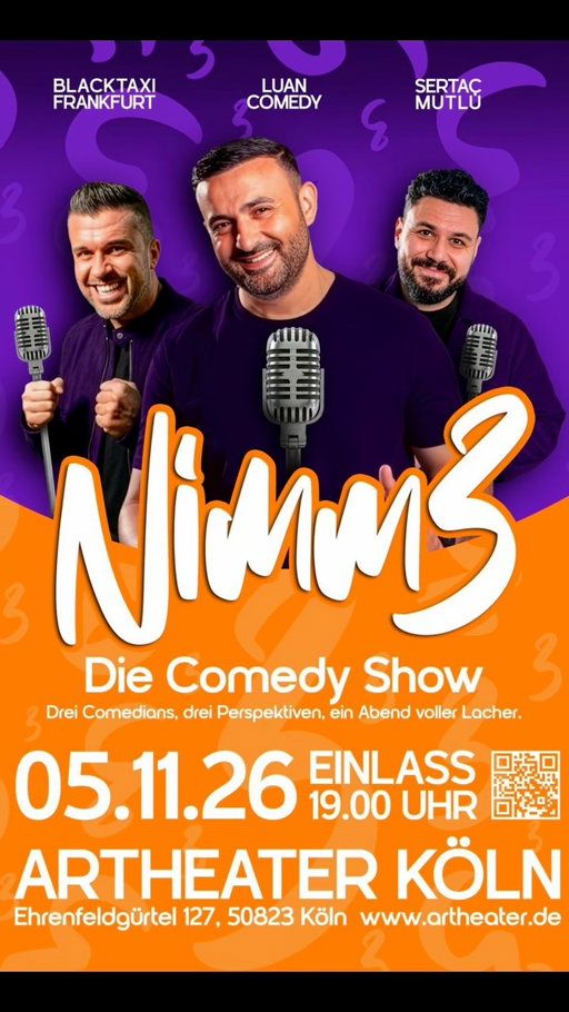 🔥 WAS GEHT AB, KÖLN?! 🔥

Am 5. November heißt es NIMM 3 – unsere Mix-Show im Rahmen des Köln Comedy Festivals! 🎤

3 Comedians. 3 Perspektiven. 3 komplett unterschiedliche Styles.

🚕 Blacktaxi Frankfurt – Taxi, Alltag & Geschichten aus dem echten Leben

🚔 Luan Comedy – Polizei, Erlebnisse & jede Menge Wahnsinn

😂 Sertaç Mutlu – Alltag, Kultur & der ganz normale Wahnsinn

Unterschiedlicher geht’s kaum – und genau deshalb ist für jeden was dabei!

Ein Abend. Drei Comedians. Viele Lacher.
Köln, wir sehen uns! ❤️

Sichert euch die letzten Tickets 🎟️