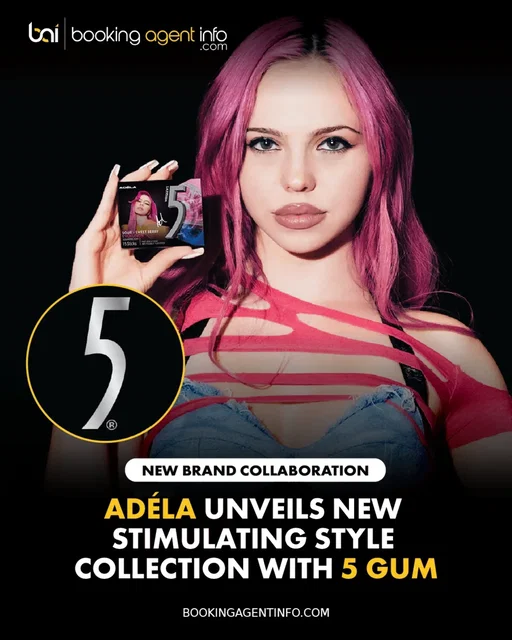 ADÉLA (@adelajergova) teams up with 5 Gum (@5gum) for the new 5 gum x ADÉLA Stimulating Style Collection, a five-look performance collection featuring pieces of gum she chewed during tour rehearsals, preserved in resin and incorporated into the designs.

The energetic ad spot features ADÉLA dancing and striking a series of dynamic poses while wearing a stylish, avant-garde outfit designed to evoke the fluid texture of chewed gum. She then pulls out a fresh pack of 5 Gum, pops a piece into her mouth, and continues to effortlessly strike poses and dance to the rhythm.

The collaboration adds to ADÉLA’s growing brand portfolio, which includes partnerships with MAC Cosmetics and UGG’s Dusty Orchid campaign, both launched in July 2026.

5 Gum has previously worked with artists including KATSEYE and YUNGBLUD on music-driven collaborations, including collectible projects built around the brand’s “Stimulate Your Senses” positioning.

The launch arrives as ADÉLA continues promoting her debut album, PRIMA, while taking the Red Bottoms Tour across the U.S. Following the tour, all five stage-worn looks will be auctioned on eBay, with 100% of proceeds benefiting Save The Music Foundation.

Create a free account at BookingAgentInfo.com to be the first to know about new music brand partnerships.

Follow @bookingagentinfo_ for more.