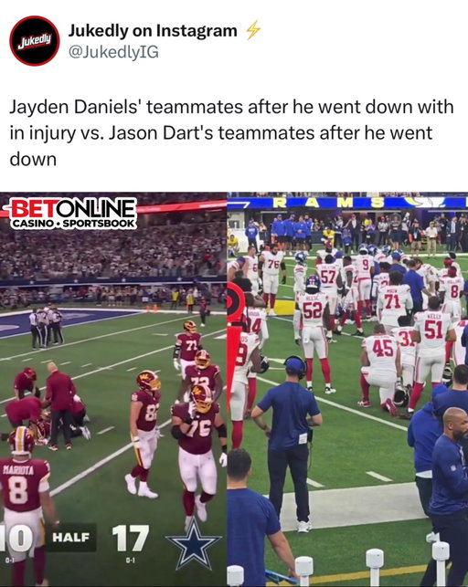 Jayden Daniels’ teammates after he went down with in injury vs. Jaxson Dart’s teammates after he went down is very telling..

The difference between how Jaxson Dart’s teammates and Jayden Daniels’ teammates reacted to their injuries has fans talking. When Dart went down, his Giants teammates immediately gathered around him, showing concern for their quarterback. It was one of those moments where you could see the entire team coming together for their guy.

Meanwhile, when Jayden Daniels went down, the scene looked completely different. Instead of seeing his teammates huddled around him, fans noticed players walking away and leaving him surrounded by medical personnel. The contrast between the two situations was pretty wild to watch, especially with both quarterbacks dealing with injuries.

Obviously, a few seconds of footage don’t tell the entire story about how much teammates care about each other. But seeing the Giants rally around Dart while Daniels appeared to be left alone definitely caught people’s attention. Two quarterbacks going down, two completely different reactions, and NFL fans are going to have plenty to say about it.

Follow US (@jukedly) to stay locked in if you love sports! 🔥
