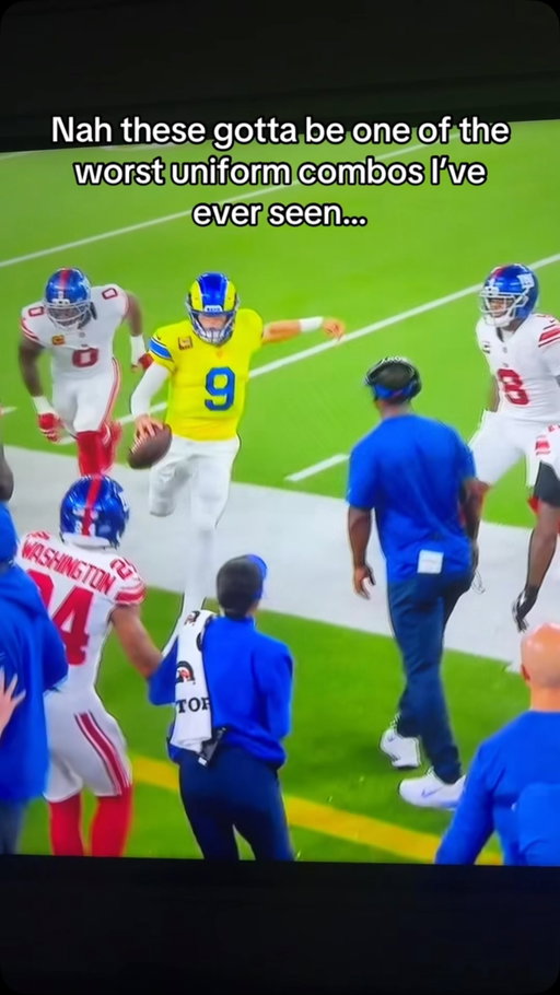 The yellow with the white pants and blue helmet is so funky #nfl #rams