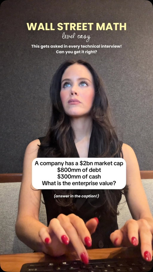 $2,000mm market cap + $800mm debt - $300mm cash = $2,500mm

Explanation:

Market capitalization is the value the public market is placing on the company’s equity.

This is different from enterprise value, or TEV, which captures the value of the business to all capital providers, not just equity investors.

TEV = equity value + debt + preferred + NCI - cash

So why do we subtract cash?

Technically, because cash is a non-operating asset. TEV is meant to capture the value of the operating business, and cash sitting in the bank doesn’t generate earnings.

The way I actually think about it:

You hand over $2bn for the equity, take on the $800mm of debt, and then the $300mm of cash in the bank is yours.

Net cost: $2,500mm.

The shortcut for interviews:

TEV = what you pay + what you assume - what you get back.

Most people memorize the formula and freeze when someone asks why cash comes out. Say it out loud until it’s automatic.

One note: in theory, you’d subtract excess cash rather than all cash. Save that for the harder version.

Follow for more! The next one’s harder. 👀

#investmentbanking #valuation #technicalinterview #privateequity