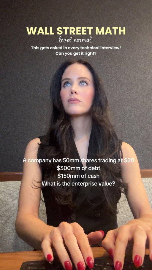 50mm shares x $20 = $1,000mm market cap
$1,000mm market cap + $300mm debt - $150mm cash = $1,150mm

Step one is the trap. Interviewers love giving you share count and price instead of market cap to see if you catch it.

Market cap is the value the public market places on the company’s equity. It’s shares outstanding multiplied by share price.

Enterprise value (TEV) is different. It captures the value of the business to all capital providers, not just equity investors.

TEV = equity value + debt + preferred stock + noncontrolling interest - cash

So why do we subtract cash?

Technically, because cash is a non-operating asset. TEV is meant to capture the value of the operating business, and cash sitting in the bank doesn’t generate operating earnings.

The way I actually think about it:

You pay $1bn for the equity, take on the $300mm of debt, and the $150mm of cash in the bank is now yours.

Net cost: $1,150mm.

The shortcut for interviews:

TEV = what you pay + what you assume - what you get back

Most people memorize the formula and freeze when someone asks why cash comes out. Say it out loud until it’s automatic.

One note: in theory, you’d subtract excess cash rather than all cash. Save that for the harder version.

Follow for more! The next one’s harder. 👀

#investmentbanking #valuation #technicalinterview #privateequity