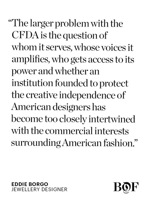 Last Friday, Steven Kolb stepped down as president of the Council of Fashion Designers of America after videos showing him restraining protesters while placing his hands over their mouths at a Cos show in New York five days before prompted calls for his resignation.

What was troubling about the incident was not only the physical confrontation, but what it said about institutional power.

Was the objective simply to ensure that a fashion show continued uninterrupted? Was it an instinct to protect the event, the brand, the guests, the sponsors and the commercial machinery surrounding it? Or, more disturbingly, had the preservation of the institution’s commercial interests become so instinctive that the voices disrupting the spectacle were perceived as something to be physically silenced?

These are important questions because the CFDA is not simply another trade body, writes Eddie Borgo. Read his full opinion piece and join the conversation on site #linkinbio