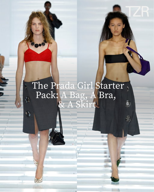 A bag, a bra, and a skirt or, alternatively, a skirt and a bag attached to your bra. For Spring/Summer 2027, Miuccia Prada and Raf Simons made the case that a statement skirt and a lingerie-inspired top are all you need for a complete look. Energetically, there’s something very #CarrieBradshaw about that.

📷: Getty, TZR / @jennifernicoleyee