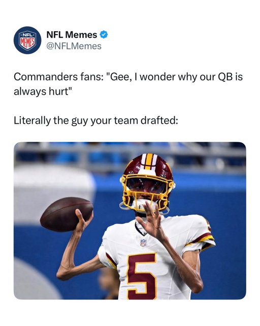 I feel bad for JD5 

Jayden Daniels’ injuries seriously suck because every time he starts building momentum, another setback slows him down. Watching such an exciting young quarterback keep getting hurt is frustrating, especially after he dislocated the same elbow again. 

He is supposed to be one of the NFL’s brightest young stars, but it feels like injuries keep stealing important games from him. Hopefully he can recover fully because the league is much more exciting when Jayden is healthy and making ridiculous plays.
