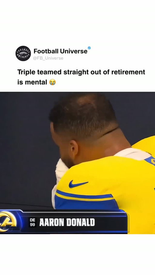 982 days away from an NFL field and offenses are STILL sending extra bodies at Aaron Donald. 😭

In his first game since the 2023 season, Donald played 32 snaps, faced 7 double-teams on just 18 pass-rush snaps and finished with 3 tackles, including a tackle for loss, as the Rams held New York without a touchdown in a 28-6 win.

Two and a half years retired. 35 years old. Still getting treated like Aaron Donald. 🐐

#AaronDonald #Rams #NFL #NFLFootball #MNF