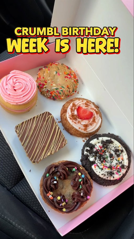 CRUMBL BIRTHDAY WEEK IS HERE! 🎂🍪 
This week’s lineup:
🍓 Strawberry Biscoff 🍫 Dubai Brownie 🍪 Chocolate Chip Skillet 🎂 Birthday Cake ft. OREO 🩷 Pink Sugar Cookie Cake 🌈 Cake Batter Blondie 
And Crumbl is celebrating with 6 for the price of 4 on September 24! 👀