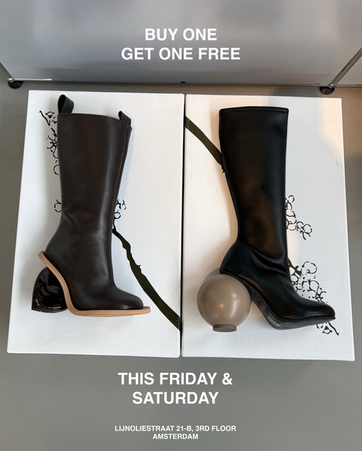 THIS FRIDAY & SATURDAY 1+1 - We are
clearing our warehouse. Buy one pair get one pair free. If you snooze you loose! Up to 80% off.

SAMPLES / OLD SEASONS / ARCHIVE / READY TO WEAR. At Lijnoliestraat 21-B, 3rd floor Amsterdam.