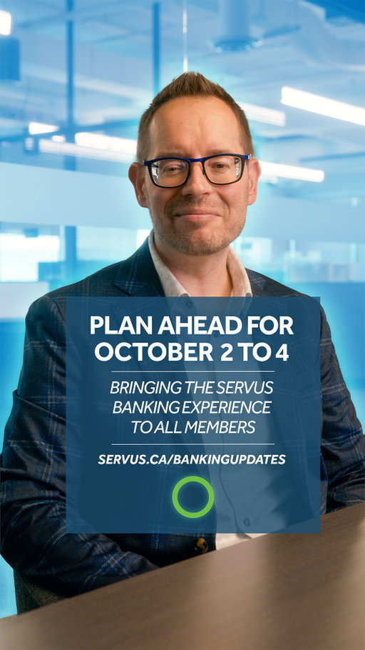 🚨Have you visited Servus.ca/BankingUpdates yet? 
We’re working to bring the Servus banking experience to all our members from October 2-4 and this is the best place to find important updates, key dates, FAQs and preparation tips. 
In this video, we share three quick ways to get ready: 
✅ Have a backup payment option available 
✅ Complete any time-sensitive banking before the weekend 
✅Head to Servus.ca/BankingUpdates today and bookmark the page so you have the latest information at your fingertips. 💚