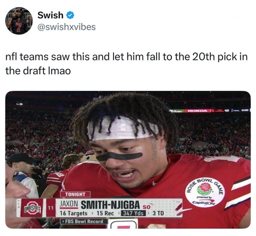 Jaxon Smith-Njigba’s legendary Rose Bowl performance makes his eventual draft position look wild in hindsight, but there was important context behind why he lasted until No. 20 overall. On January 1, 2022, Smith-Njigba absolutely shredded Utah in Ohio State’s 48–45 Rose Bowl win, finishing with 15 catches, 347 receiving yards and three touchdowns, setting an all-time bowl-game receiving-yardage record and earning Rose Bowl Offensive MVP honors.  That performance capped an unbelievable sophomore season in which JSN recorded 95 catches for 1,606 yards and nine touchdowns, actually leading an Ohio State receiving corps that included future first-round picks Garrett Wilson and Chris Olave.  The problem was that NFL teams barely got to see him again: a hamstring injury limited Smith-Njigba to only three games, five catches and 43 yards in 2022, creating questions about his health and leaving evaluators with essentially an entire year missing from his résumé. There were also pre-draft concerns about his straight-line speed and whether a receiver who did so much damage from the slot could have the same impact in the NFL.  Even then, he was still the first wide receiver selected in the 2023 NFL Draft, with Seattle taking him 20th overall before Quentin Johnston, Zay Flowers and Jordan Addison went with the next three picks.  And Seattle general manager John Schneider later acknowledged just how highly they had viewed him before the injury, saying that a year earlier they would have considered JSN “easily a Top 5, 10 player.” 

#nfl #college #football #draft #jsn