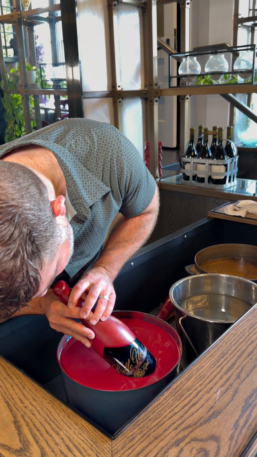 Wax dip your own @bellegloswines bottle at @quiltandco 🍷