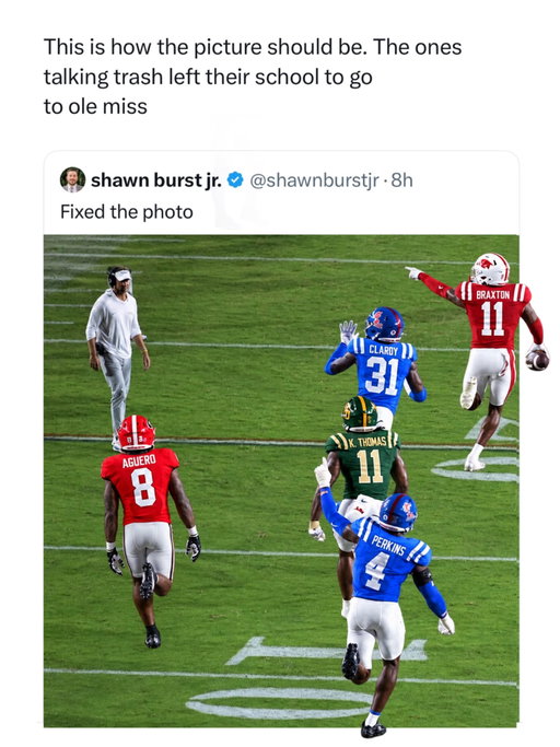 David Pollack called Ole Miss’ postgame celebration against Lane Kiffin a potential “photo of the decade,” but fans were quick to point out the irony.

The viral image shows Rebels defenders gesturing toward Kiffin after Jaylon Braxton’s late interception sealed a 32–24 win over LSU. 

A fan later “fixed” the photo by placing Braxton, Joenel Aguero and Keaton Thomas back in the uniforms of Arkansas, Georgia and Baylor. The schools they attended before transferring to Ole Miss.

It was the perfect response for the transfer portal era. Ole Miss got its revenge on a coach who left, but several of the players delivering the message had also left their former programs. 

#cfb #cfbnews #collegefootball