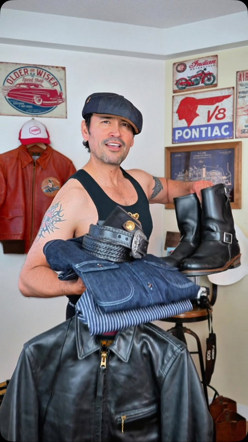 Classic pieces. Rough edges. That worn-in feeling is what makes the look.🔥 rocking indigo denim shirt, straight-leg striped indigo selvedge denim, my custom heavyweight Japanese denim cap, black leather jacket, and a pair of beat-up engineer boots and my go to accessories!

What gives a vintage outfit its character?

______________

@clocksandcolours @Hanes @hiroshikato_official @sterkowski @manufakturrocca @by.mamai @redwingheritage @hanes @calvinklein 

#fy #timeless #retro #foryou #mensfashion