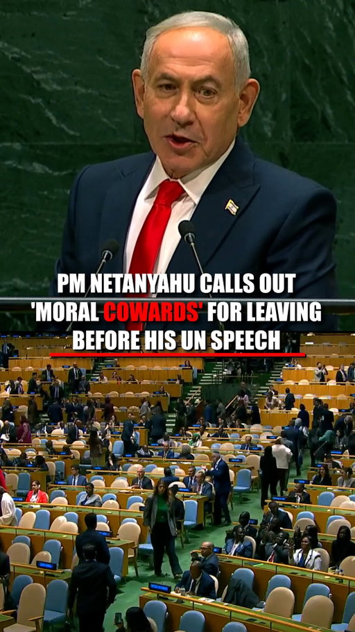 "If there are any other moral cowards who haven't yet left this hall, please do so now."

Israeli Prime Minister Benjamin Netanyahu opens his address to the United Nations General Assembly in New York with a sharp rebuke as delegates walk out of the hall in protest of his speech.
