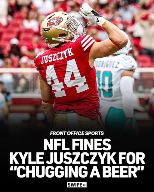 The NFL has fined 49ers fullback Kyle Juszczyk, whose nickname is "Juice," $14,926 for his "imitation of chugging a beer" 🍺💸⁠
⁠
The league said the action "could reasonably be construed as being in poor taste," per @adamschefter, who said Juszczyk texted him "I don't even drink beer."